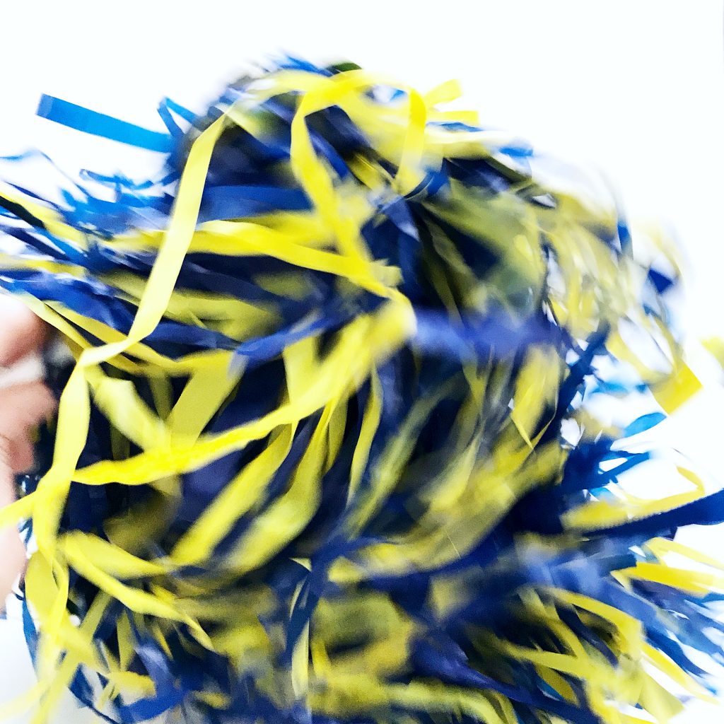 University of Delaware blue and yellow spirit pom-pom