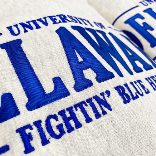 Detail of ash grey University of Delaware MV Tackle Twill Sweatshirt