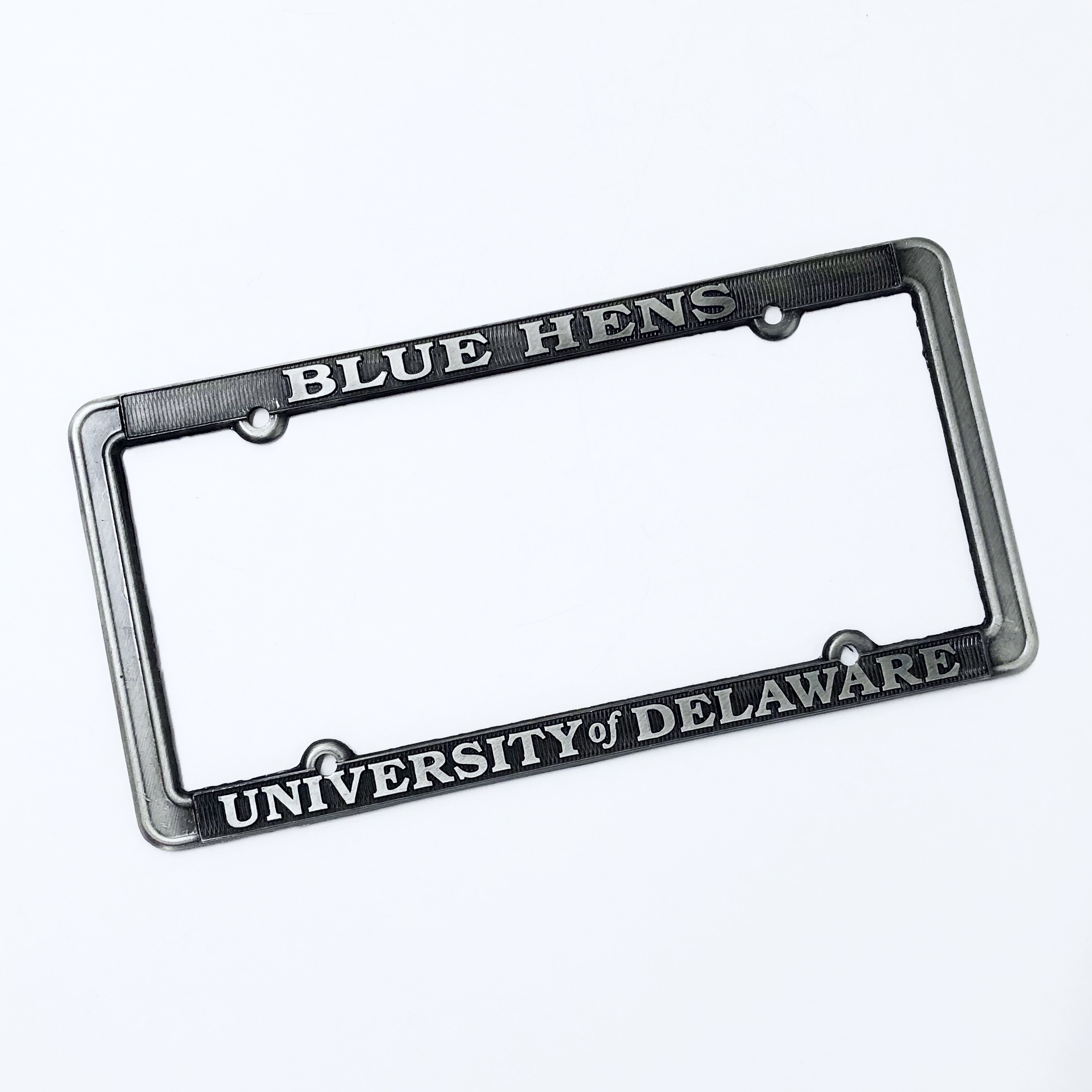 https://www.national5and10.com/wp-content/uploads/2019/07/University-of-Delaware-Blue-Hens-Pewter-License-Plate-Frame-2.jpg