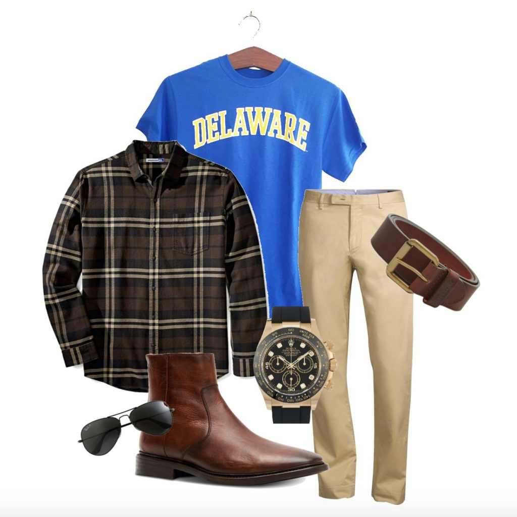 Casual men's look featuring royal blue Arched Delaware t-shirt paired with khakis, and warm brown & black accessories.