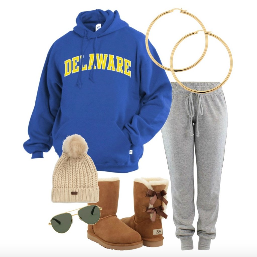 Cozy look featuring royal blue Arched Delaware hoodie & grey sweatpants with tan and gold winter accessories.