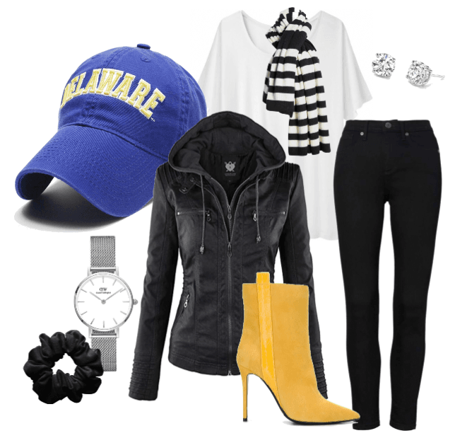 Sporty look featuring black and white basics with pops of royal blue Arched Delaware ball cap and yellow boots.