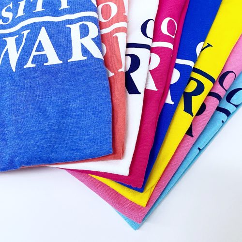 Detail of University of Delaware Skittles Short Sleeve T-shirts in 8 Bright Colors