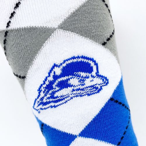 Detail of YoUDee logo on University of Delaware Argyle Sock