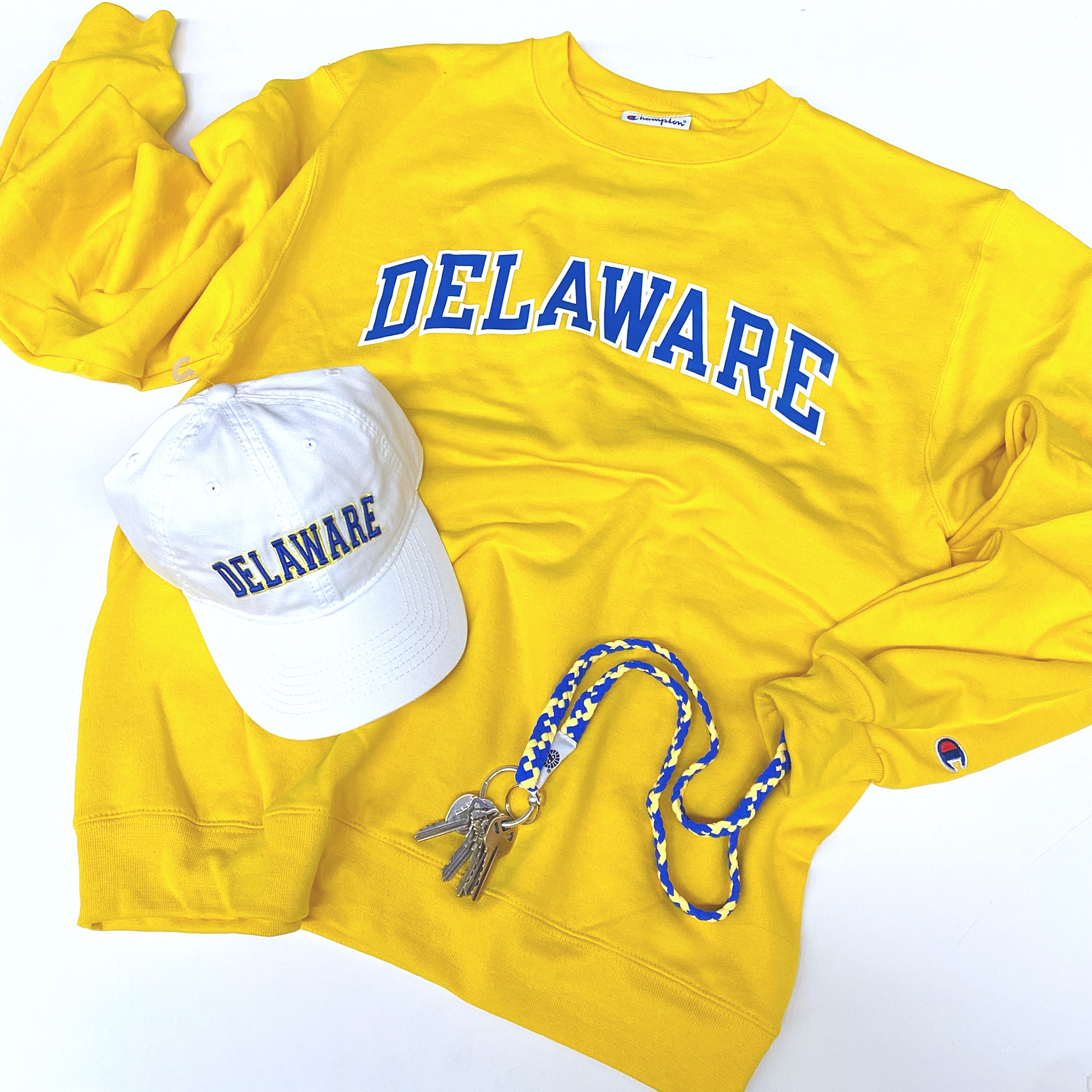 University of Delaware Champion Arched Delaware Crew Neck Sweatshirt Yellow – National 5 and 10